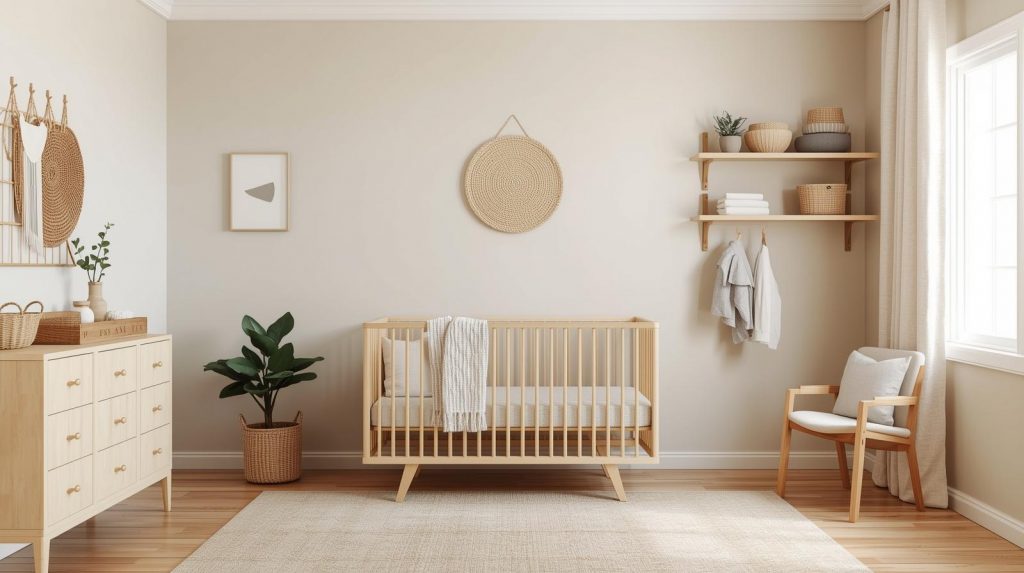 Neutrales Zimmer in Naturtönen mit Holz-Babybett, Regal, Körben und Sessel, Unisex Babyzimmer einrichten mit Ruhe.