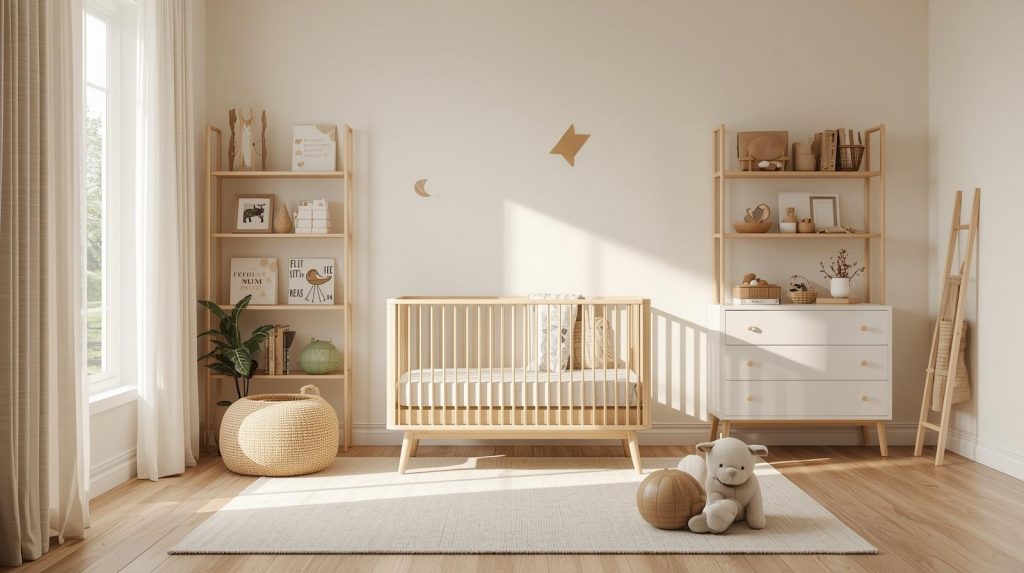 Helles mitwachsendes Babyzimmer mit Holz-Gitterbett, offenen Regalen, Kommode, Teppich und sanftem Tageslicht