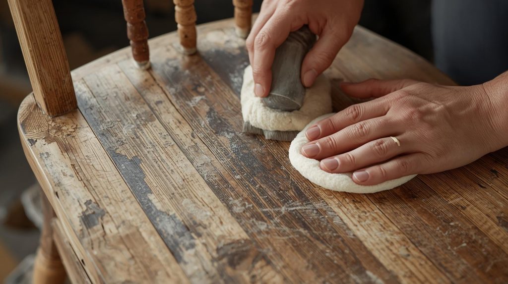 Hände reinigen und pflegen einen alten Flohmarkt Holzstuhl mit abgenutzter Oberfläche, Schritt zur Aufarbeitung von Vintage Möbeln und zur Restaurierung alter Schätze für ein wohnfähiges Zuhause.