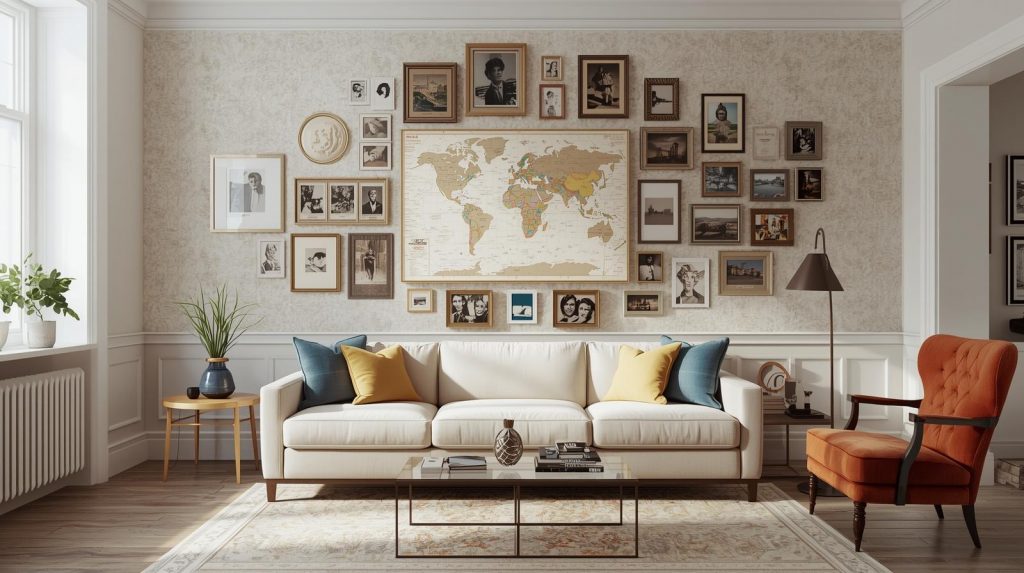 Stilvoll gestaltete Galerie Wand über einem Sofa mit verschiedenen Bilderrahmen und einer Weltkarte, ideal zur Inspiration für Wandgestaltung, Planung und Anordnung einer harmonischen Bilderwand zu Hause.