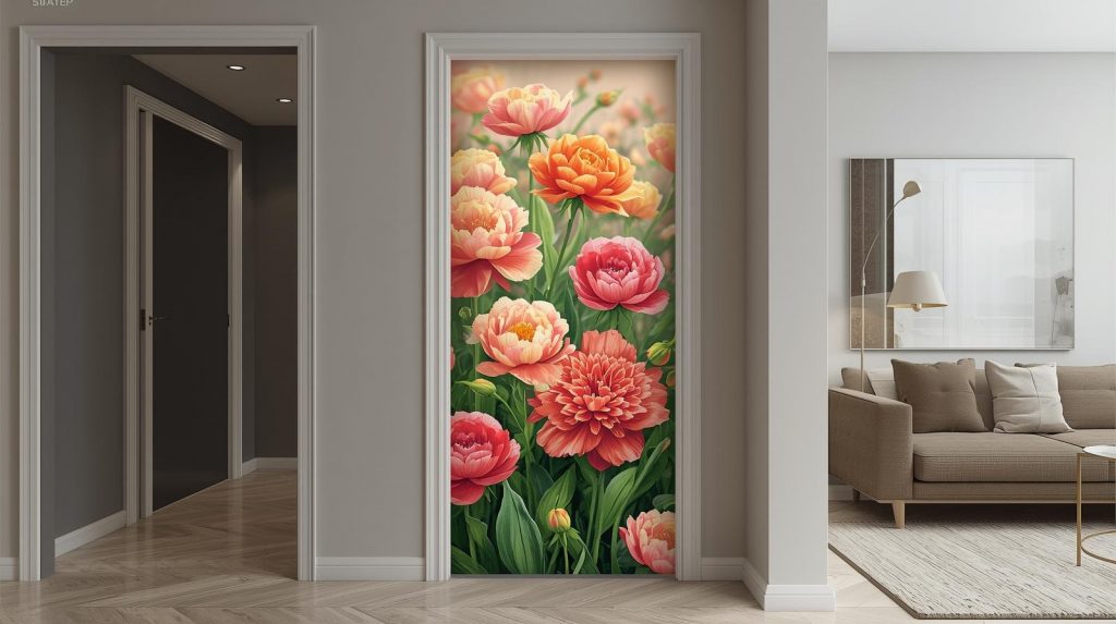 Florale Türgestaltung mit handgemaltem Murals aus Pfingstrosen in kräftigen Farben, inspiriert von DIY Vorlagen für Wandbilder und kreativer Projektplanung für Murals selbst malen.