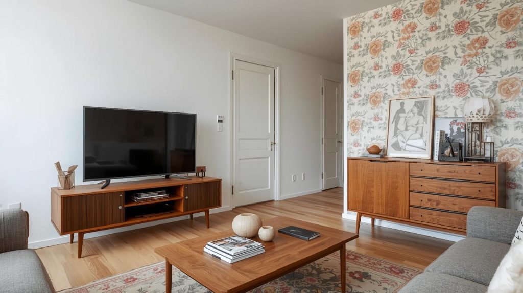 Wohnzimmer im Vintage Look mit floraler Statement Tapete, warmen Mid-Century-Holzmöbeln, Sideboard und TV-Board aus Teak, gemischten Deko-Elementen und einem harmonischen Mustermix, der dem Raum Charakter und eine gemütliche Retro-Atmosphäre verleiht.