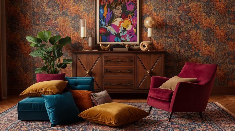 Wohnzimmer im Bold Look mit dunkler Statement Tapete, farbintensivem Samtsessel in Beerenrot, petrolfarbenem Bodensofa, Bernstein und Ocker Kissen, großem Vintage Sideboard und moderner Wandkunst, die zeigt, wie kräftige Farben und Muster einem Raum mehr Mut und Persönlichkeit verleihen.