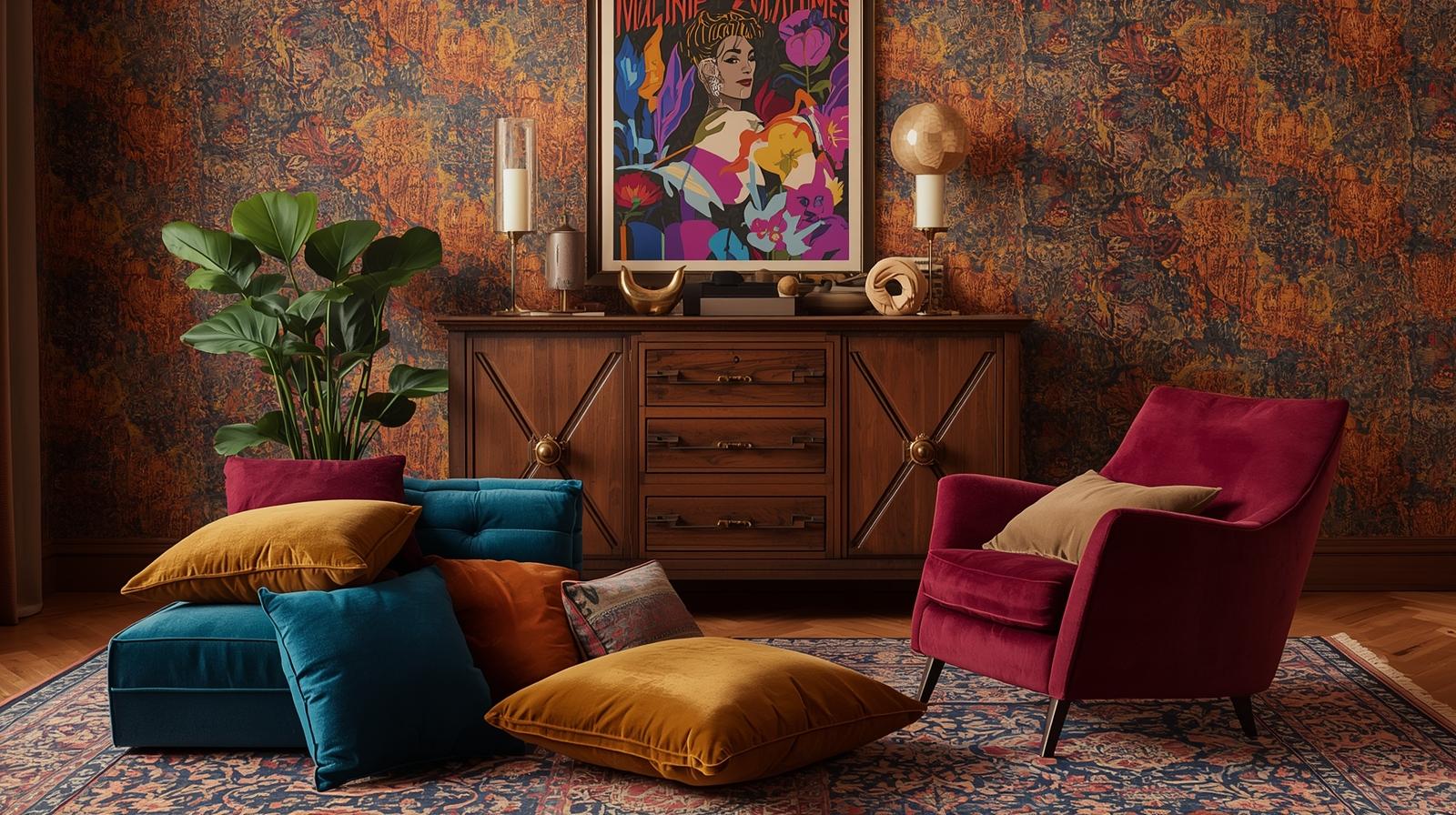 Wohnzimmer im Bold Look mit dunkler Statement Tapete, farbintensivem Samtsessel in Beerenrot, petrolfarbenem Bodensofa, Bernstein und Ocker Kissen, großem Vintage Sideboard und moderner Wandkunst, die zeigt, wie kräftige Farben und Muster einem Raum mehr Mut und Persönlichkeit verleihen.