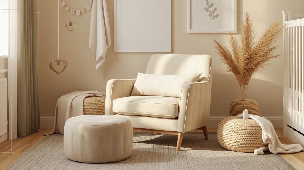 Neutraler Stillsessel im Babyzimmer mit Hocker und Kissen, warme Beigetöne, sanftes Licht, ruhige Deko neben dem Gitterbett.